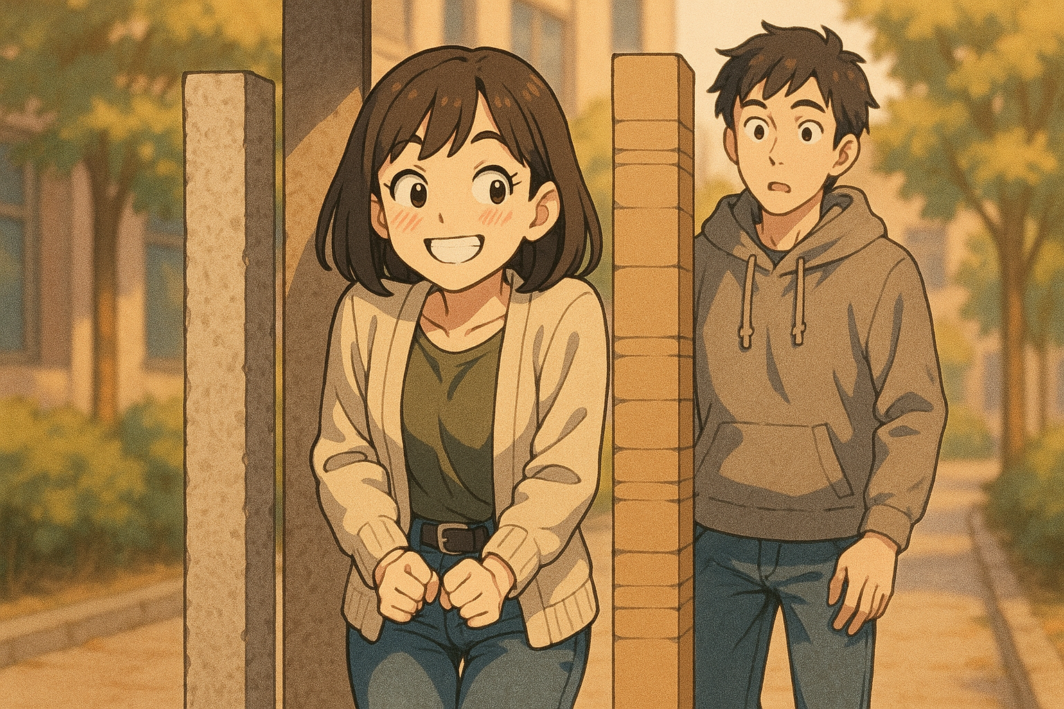 Illustration teaching the kanji 小 meaning small, with Mei squeezing between two pillars
